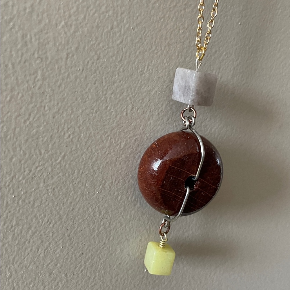 Handmade wire wrapped wooden donut bead statement necklace
